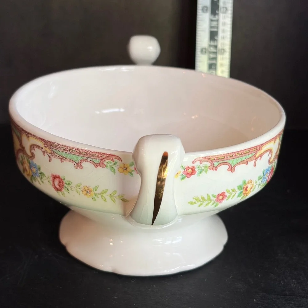 Antique Floral Porcelain Lidded Sugar Bowl Gold Gilt Trim Footed Tea Server